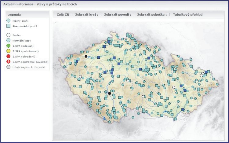 Obrázek - Mapa profilů hlásné a předpovědní služby ČHMÚ, čtverečkem jsou označeny profily, pro které je počítána modelová hydrologická předpověď, tmavě modrou a černou barvou jsou označeny profily, pro které je počítána i manuální hydrologická předpověď. 